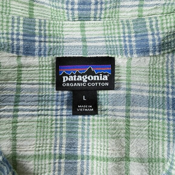 Patagonia A/C Short Sleeve Button Up Shirt Green Blue Men’s Size Large - Picture 3 of 7